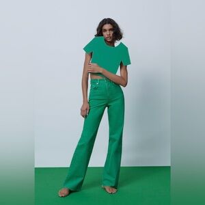 Zara Women's Vibrant Green Flare Jeans